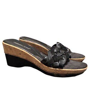 Coldwater Creek Woven Black Leather Cork Wedge Sandals 10 Slip On Slide Neutral